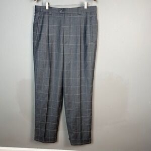 Zanella dress pants Men's 34 Grey Luxury plaid Wool Pleated Italy Cuffed Grey